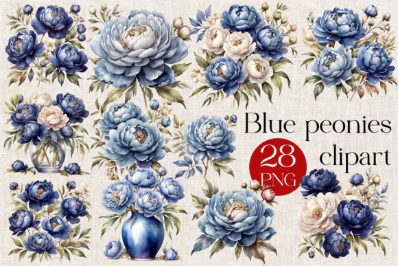 28 Blue Peonies Watercolor Clipart