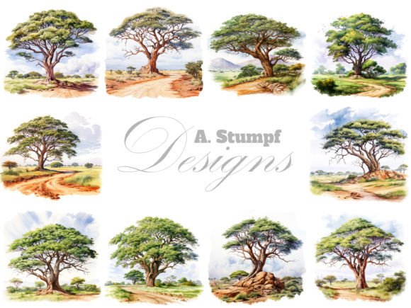 Acacia Tree Watercolor Clipart Image Set
