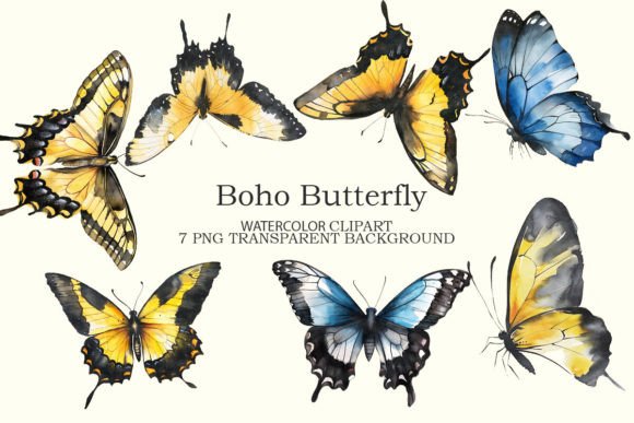 Boho Butterfly Watercolor Clipart Bundle