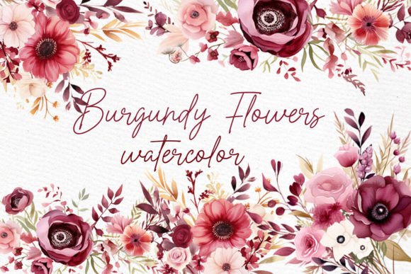 Burgundy Flowers Watercolor: Clipart Png for Designers