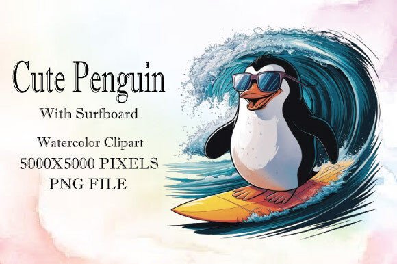 Cute Penguin with Surfboard Watercolor C: Playful Display Type