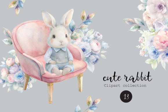 Cute Rabbit Watercolor Clipart Set