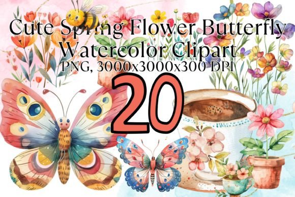 Cute Spring Flower Butterfly Watercolor