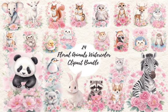 Floral Animals Watercolor Clipart Bundle