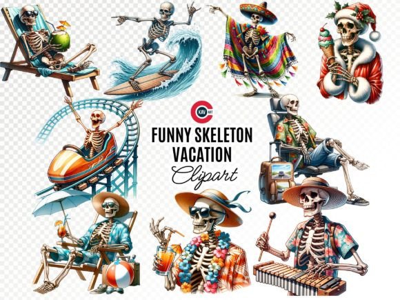 Funny Skeleton Vacation Watercolor Clipart