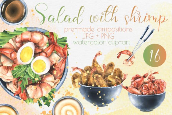 Shrimp with Dishes Watercolor Clip Art