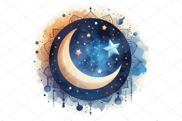 Starlit Eid Crescent Watercolor Clipart