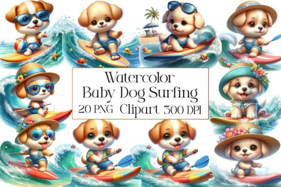 Watercolor Baby Dog Surfing Clipart Essentials