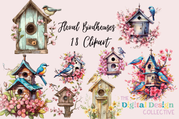 Watercolor Birdhouses Clipart for Branding and Design