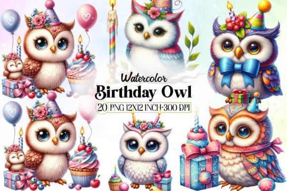 Watercolor Birthday Owl Clipart