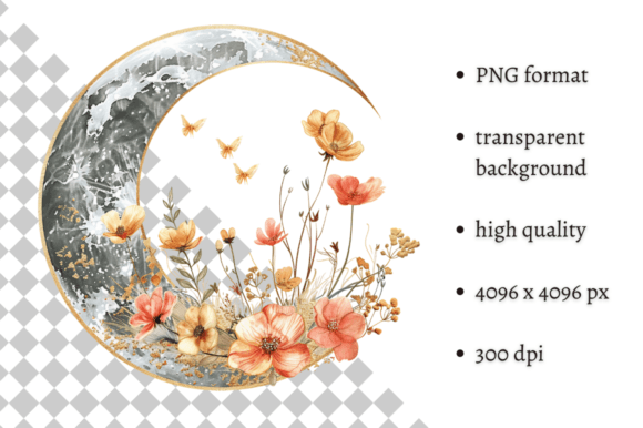 Watercolor Boho Floral Moon Clipart