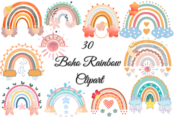 Watercolor Boho Rainbow Clipart Bundle for Branding and Design