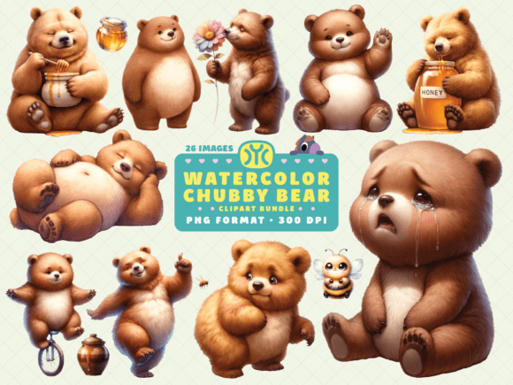 Watercolor Chubby Bear Clipart for Branding and Design