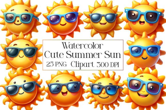 Watercolor Cute Summer Sun Clipart for Branding