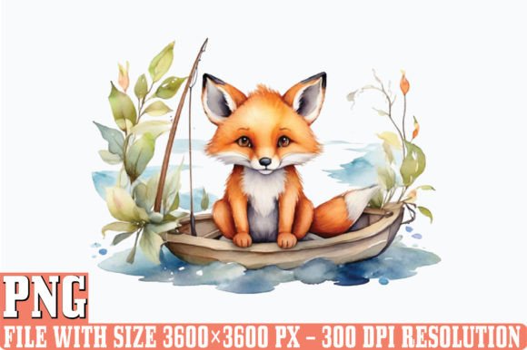 Watercolor Fishing Fox Clipart for Sublimation & Branding