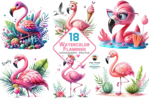 Watercolor Flamingo Clipart Bundle
