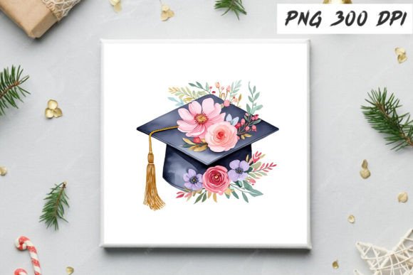 Watercolor Floral Graduation Cap Clipart