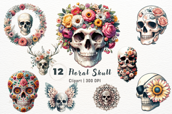 Watercolor Floral Skull Clipart for Design Projects