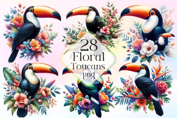 Watercolor Floral Toucans Clipart