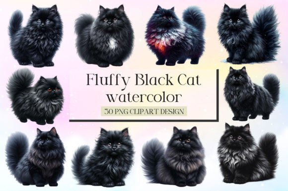 Watercolor Fluffy Black Cat Clipart