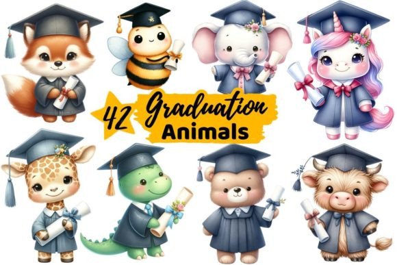 Watercolor Graduation Animal Clipart