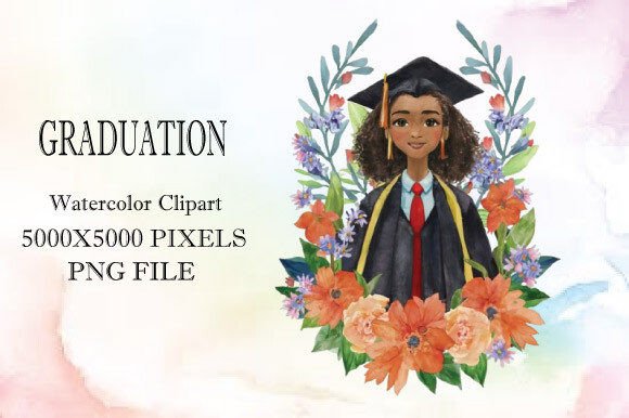 Watercolor Graduation Black Girl Clipar for Modern Design Projects