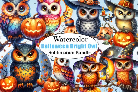 Watercolor Halloween Bright Owl Clipart for Creative Projects