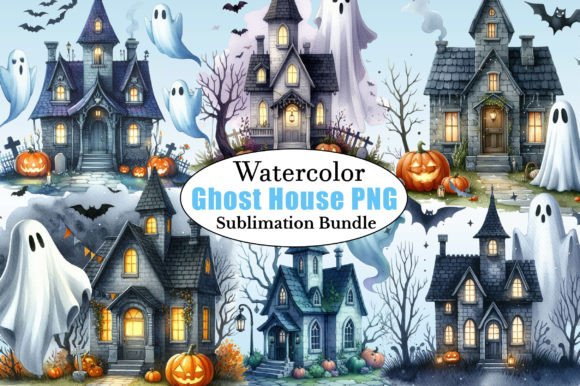 Watercolor Halloween Ghost House Clipart