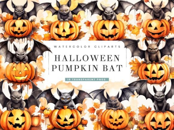 Watercolor Halloween Pumpkin Bat Clipart