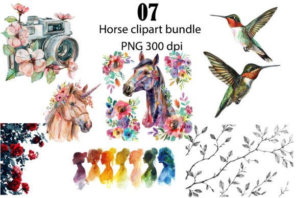 Watercolor Horse PNG Clipart Bundle for Designers