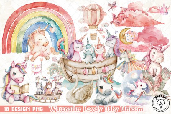 Watercolor Lovely Baby Unicorn Clipart