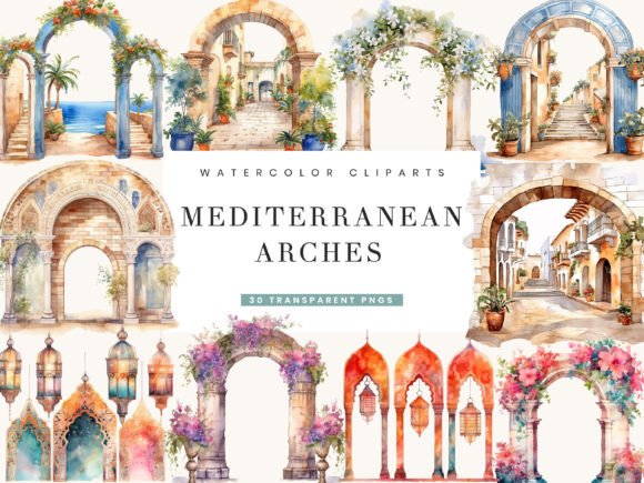 Watercolor Mediterranean Arches Clipart for Design Projects
