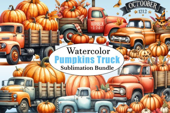 Watercolor Pumpkins Truck PNG Clipart for Designers