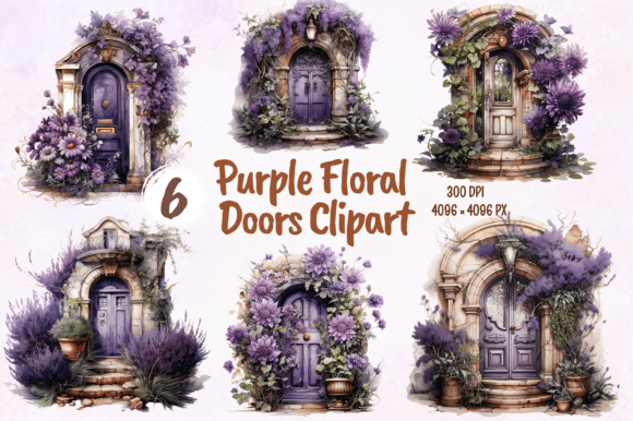 Watercolor Purple Floral Doors Clipart