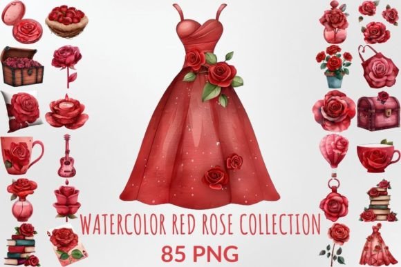 Watercolor Red Rose Collection Bundle