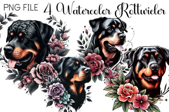 Watercolor Rottweiler and Flowers PNG