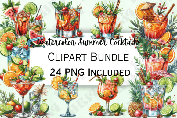 Watercolor Summer Cocktails Clipart: Creative Design Assets