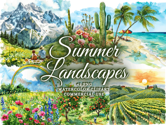Watercolor Summer Landscapes Clipart PNG