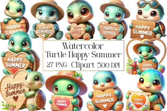 Watercolor Turtle Happy Summer Clipart for Creative Projects