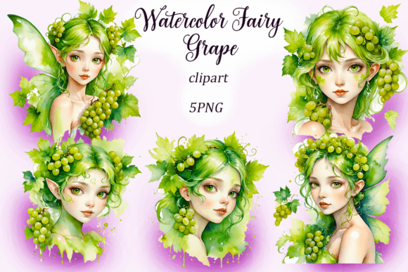 Whimsical Watercolor Fairy Grape Clipart for Brands